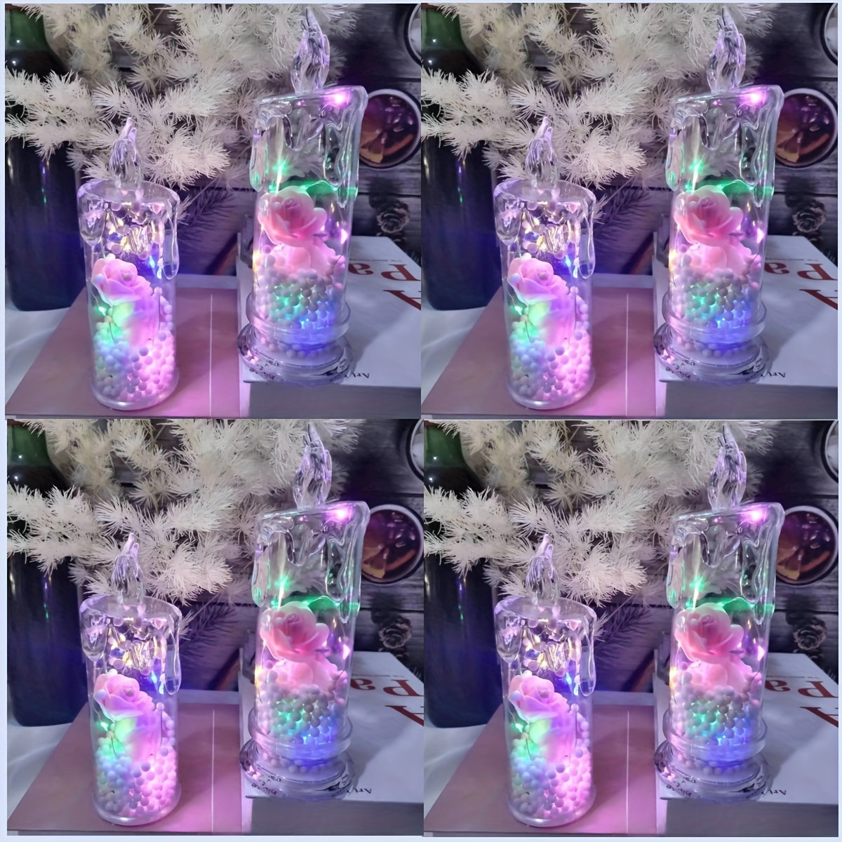 TEMU 4-8 Pack Flameless Candles, Creative Atmosphere Romantic Led Simulation Electronic Candles With Preserved Flowers, Night Light Decor, Halloween