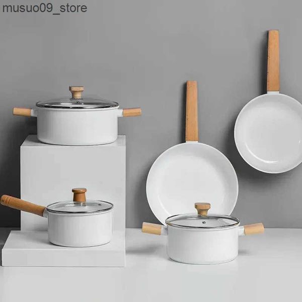 Other Cookware 1pcs Double-sided Ceramic Non-stick Pot Japanese Style White Wood Grain Soup Pot Frying Pan Combination Non Stick Cooking Pot