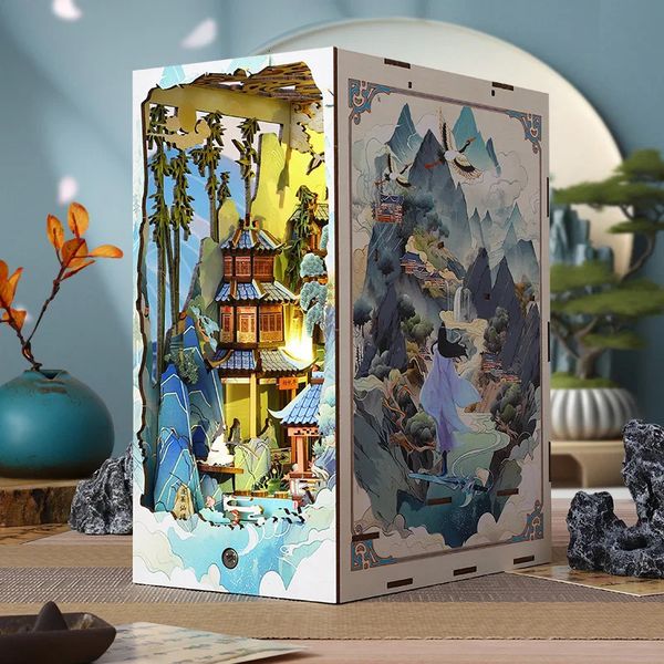 Book Nook Shelf Insert Casa Miniature Doll House Kit Toys Home Dollhouse Bookends Furniture Wooden Bookshelf Birthday Gift 241211