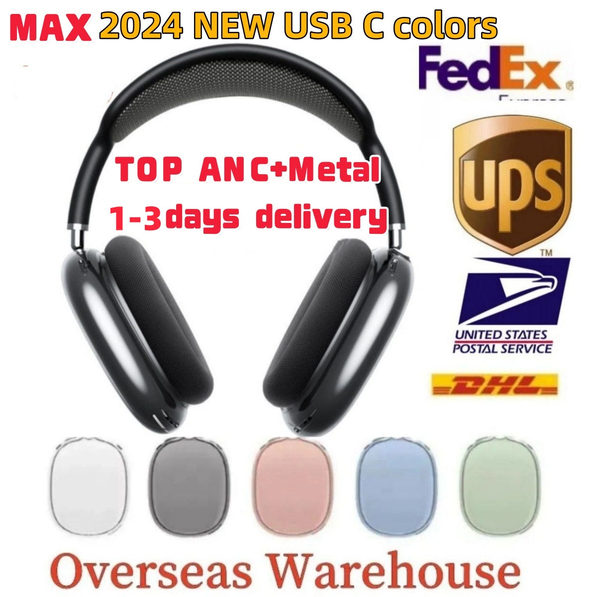 USA Stock For NEW pods Max 2 3 4 gen Bluetooth Metal ANC Headphone Earbuds Accessories Transparent TPU Silicone Case Pods Pro Max Noise Cancelling H