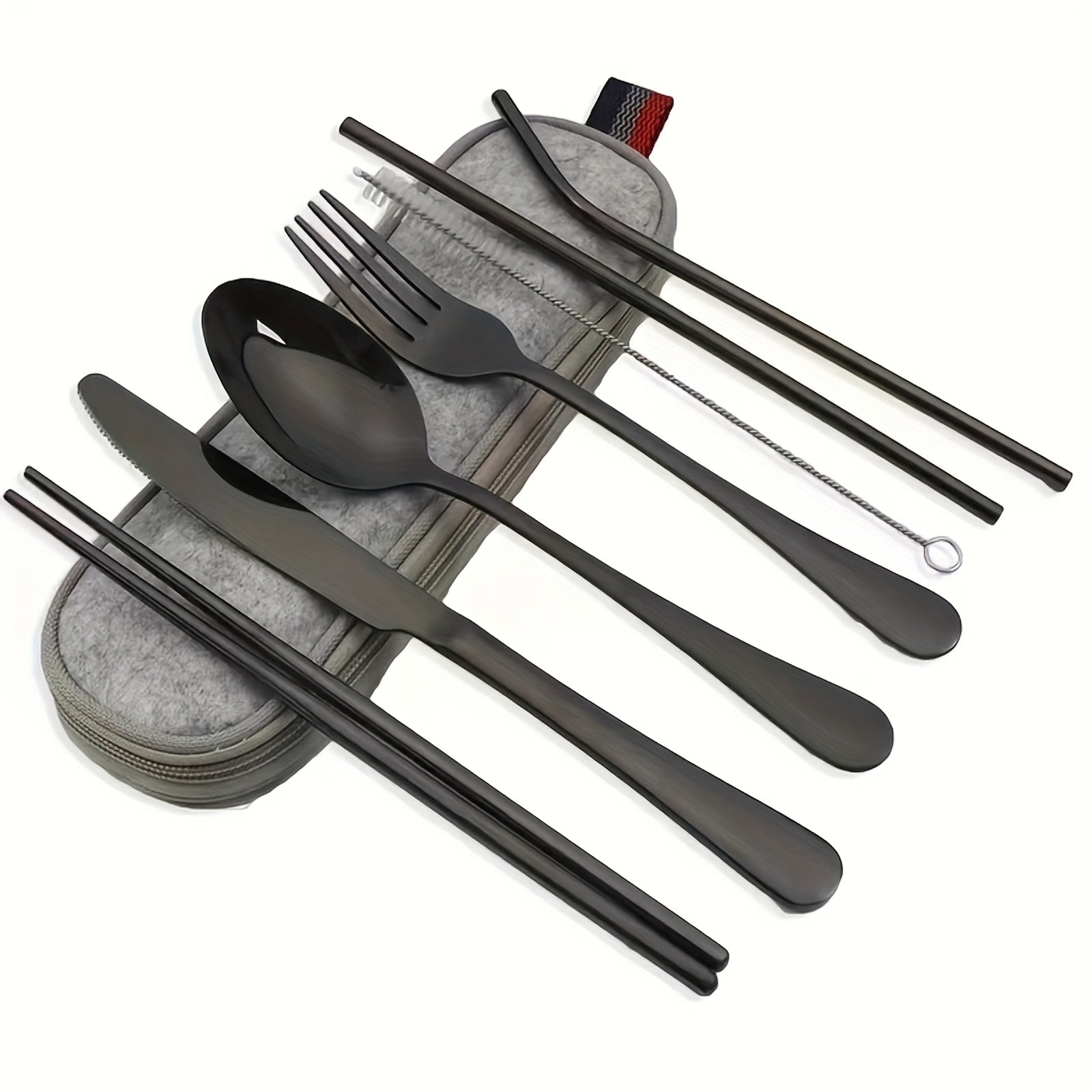 TEMU Portable Utensils, Travel Camping Cutlery Set, 8pcs Including Knife Chopsticks Cleaning Brush Straws Portable Case, Stainless Steel Flatware Set
