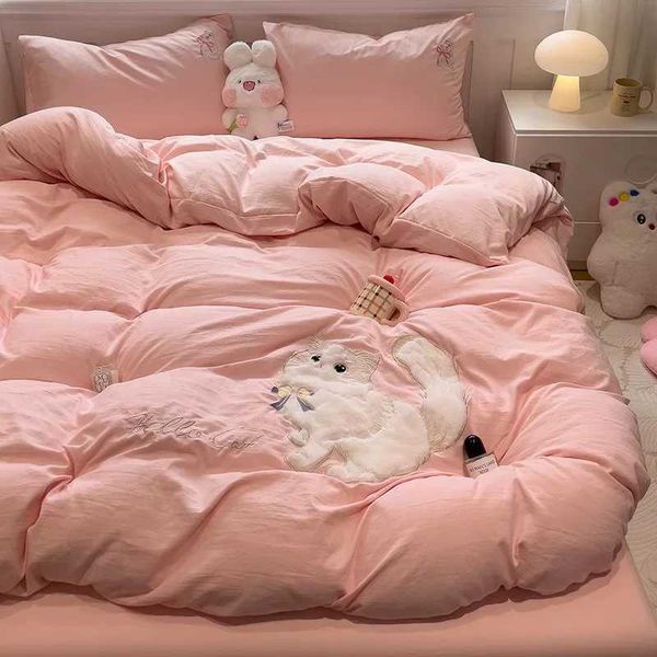 Cute Cat 3D Embroidered Duvet Covers Set Soft Pink Luxury Bedding Set for All Season Plush Fluffy Comforter Cover for Kids Teens X250203