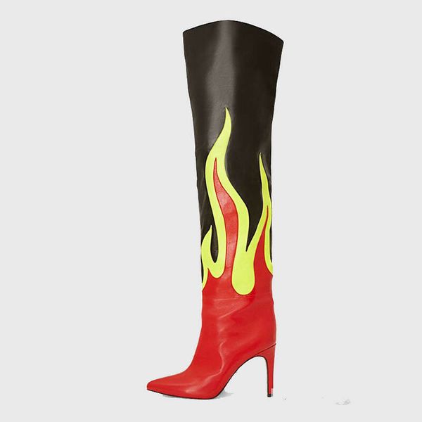 2025 Mixed Colors Thin heels Knee Pointed toe Patchwork Slip-on Super high heel Modern boots mascot