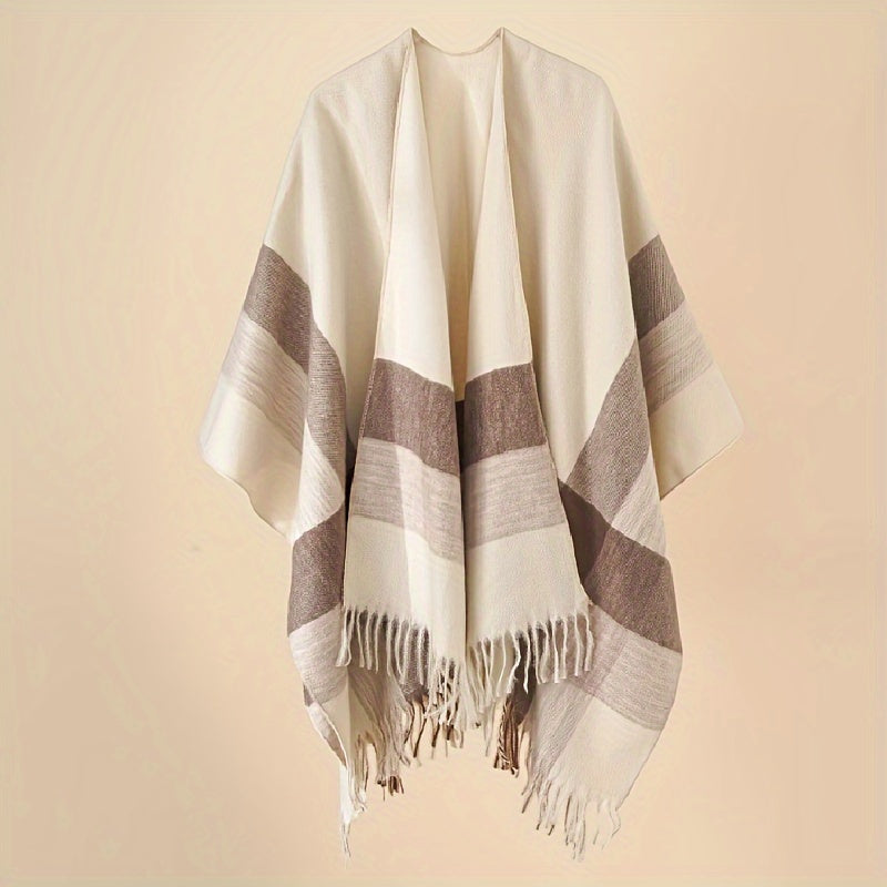 TEMU Elegant Striped Cardigan, Large Open Front Tassel Shawl, Spring Autumn Warm Cloak For Women