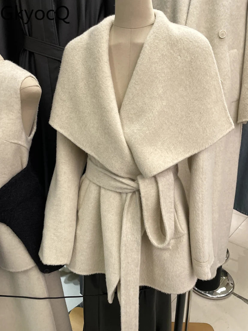 GkyocQ Korean Fashion Women Coat Wool Blends Lapel Collar Long Sleeve Waist Slim Belt Elegant All Match Female Coats Jacket 240826