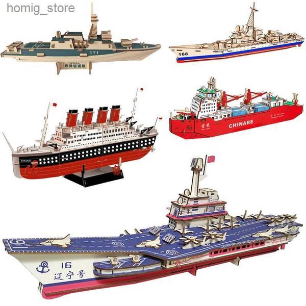 3D Puzzles 3D Wooden Ship Puzzle Military Model Destroyer Wood Boat DIY Educational Toys For Children Kids Home Room Decoration Y240415