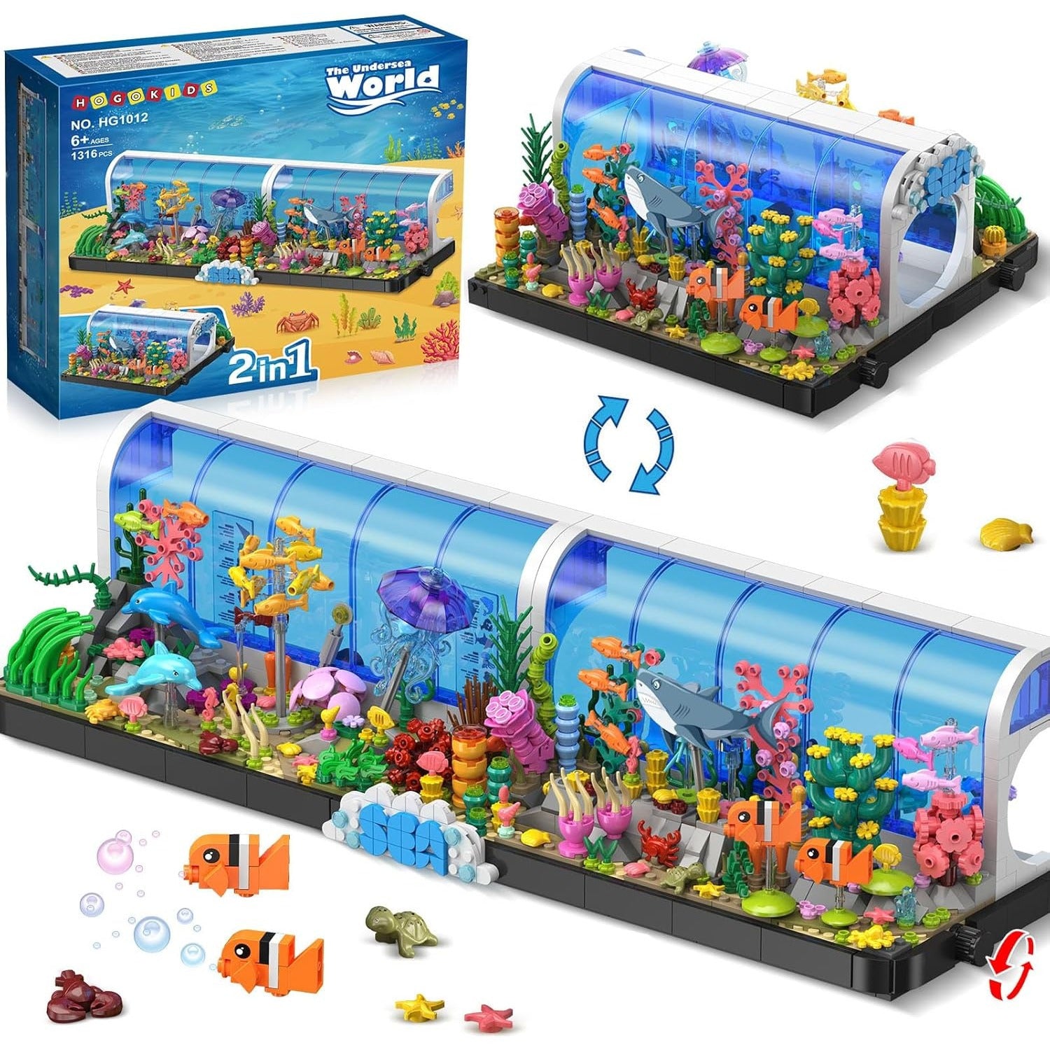 TEMU Aquarium Building Sets - 2 Styles Building Toy For Kids Adults, Pivoting Fish Tank Includs Shark Crab Fish Jellyfish Animals Construction Gift