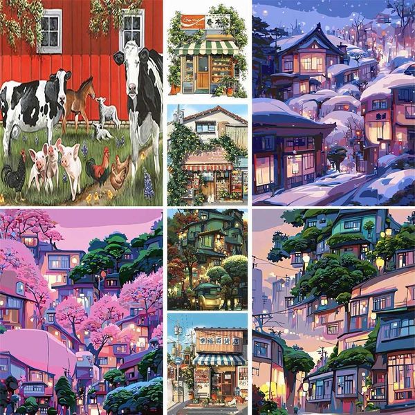 Paintings Japanese Style House Painting By Number 20x30 Oil Paint Art Stickers Posters Craft Kit For Adults Home Decor Childs Gift 2023 Q240