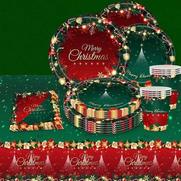 Merry Christmas Theme Party Disposable Desktop Software Set Cardboard Napkins Paper Cups Desktop Cloth Home Decoration Year 241024