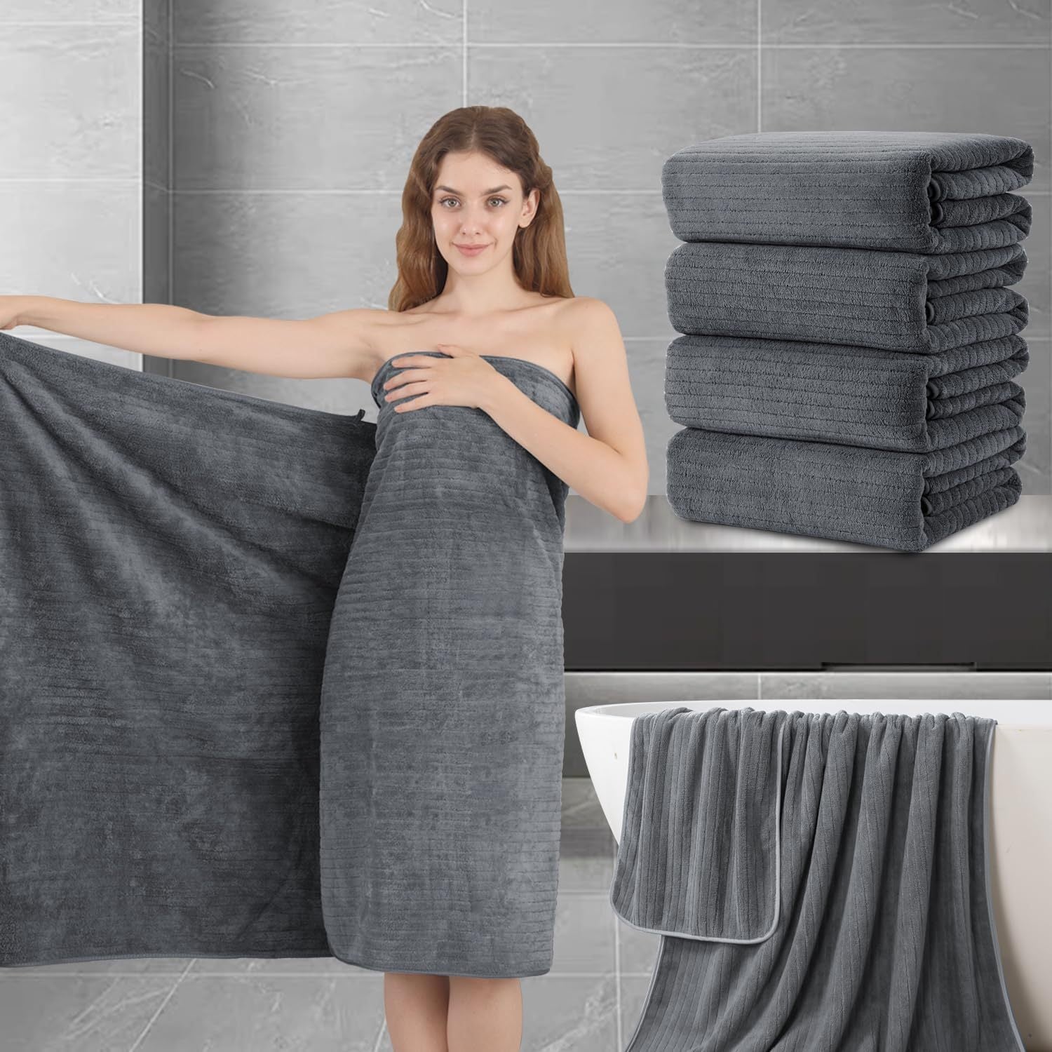 TEMU 4pcs Extra Large Bath Sheet, 35"x70" Inch Ultra Soft Fluffy Towel, Oversized Bath Towel Set, Premium Microfiber Bathroom Towel Set Absorbent