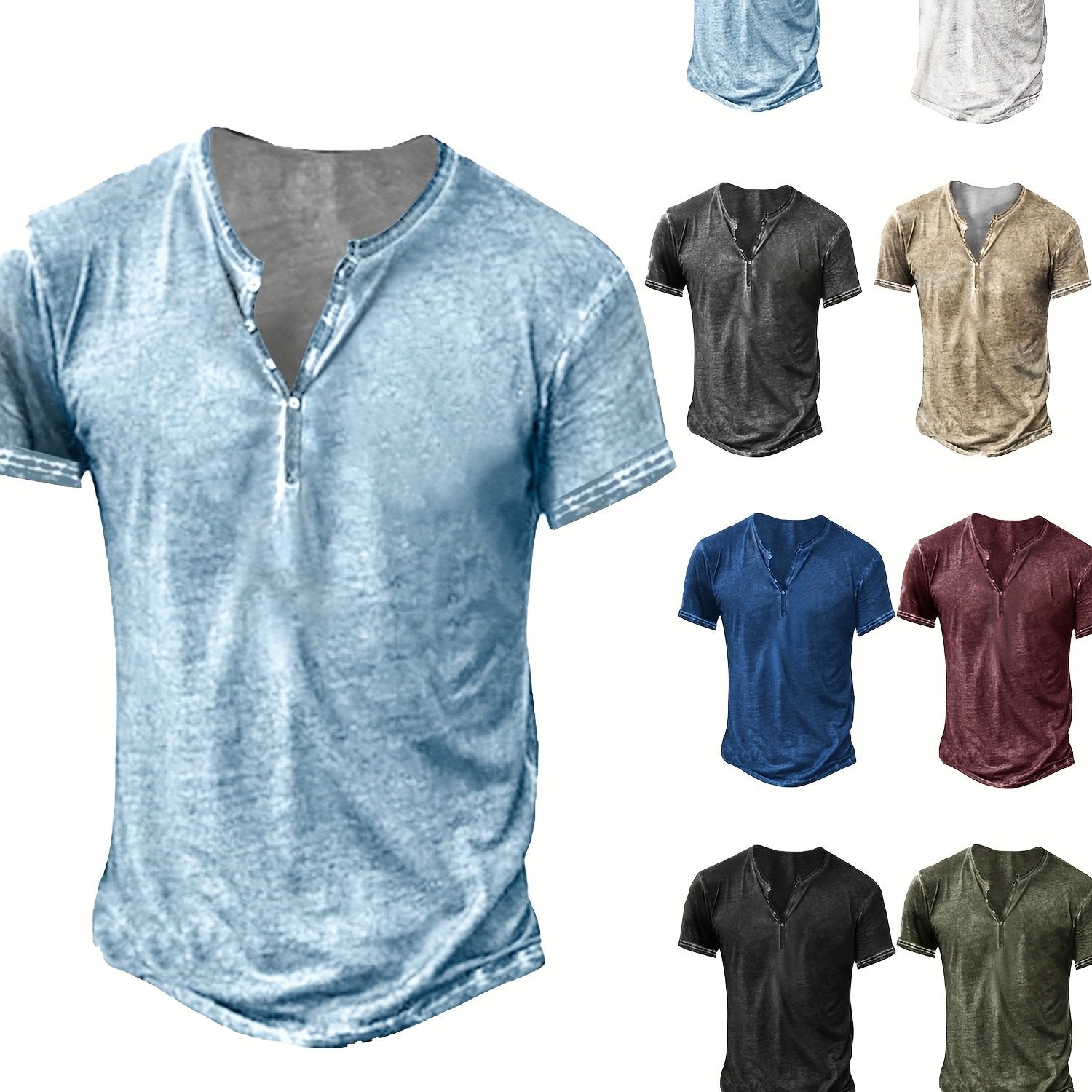TEMU Mens Distressed Henley Shirts Short Sleeve Button T-shirt Slim Fit Cotton Casual Shirt