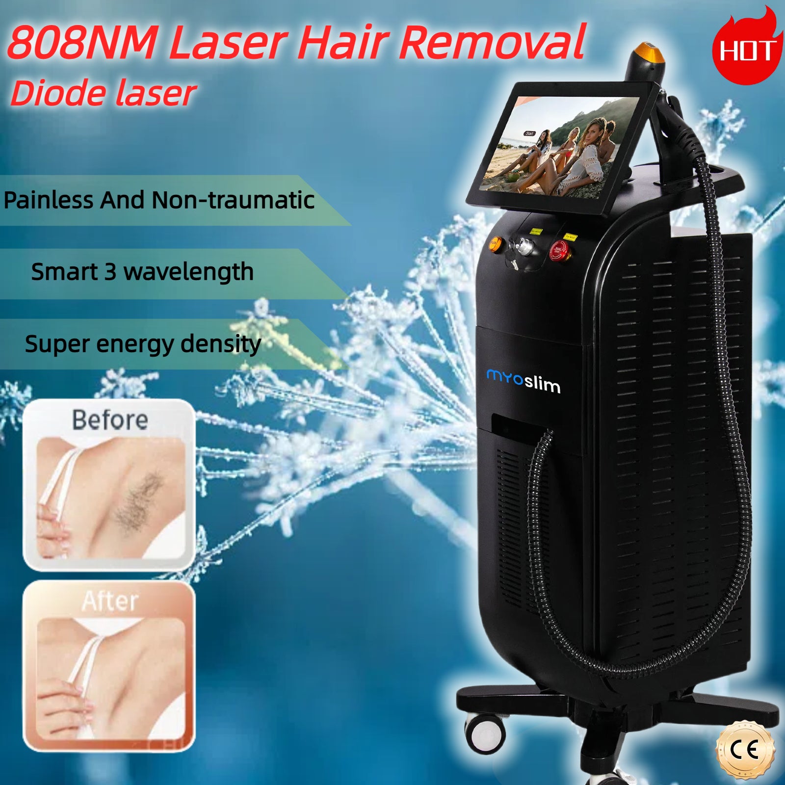 808nm Laser Hair Removal Device Painless Non-Invasive High Power Safe Fast with Sapphire Cooling Professional At-Home Use All Skin Tones Body Parts