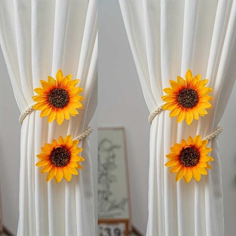 TEMU 2pcs Rustic Sunflower Curtain Tiebacks - No-drill, Clips With Rope For Bedroom & Living Room Decor, Polyester Material, Decor