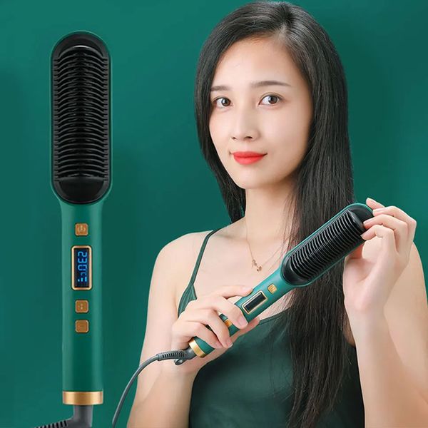 2 In 1 Electric Professional Negative Ion Straightener Comb with Lcd Display Hair Curg Tool Straight Brush 240306