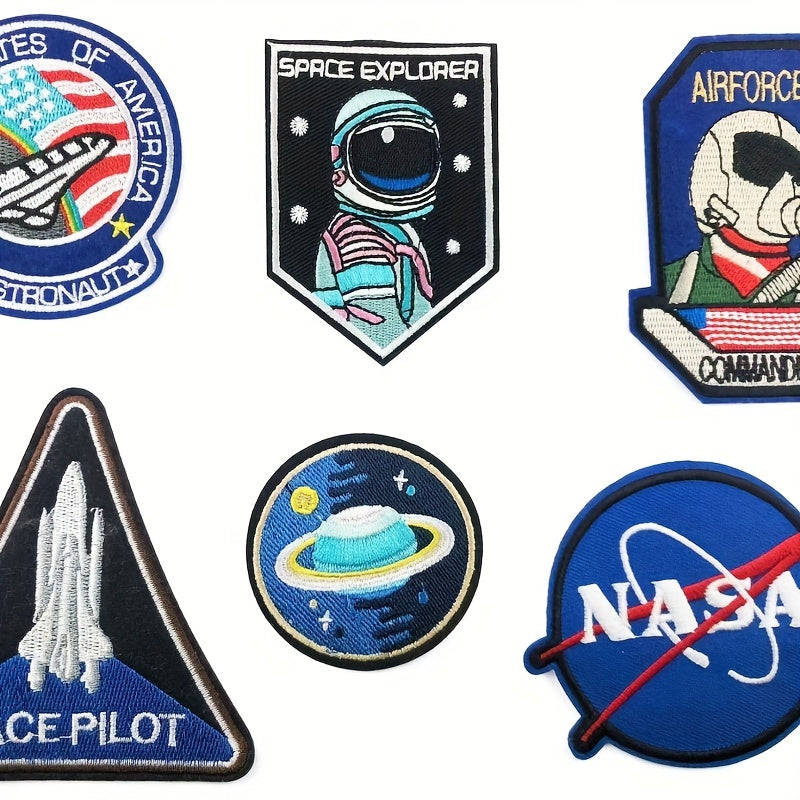 TEMU 6pcs Astronaut & Embroidered Patches, Diy Iron-on-sew-on Appliques For Clothing, Backpacks, Jeans - White