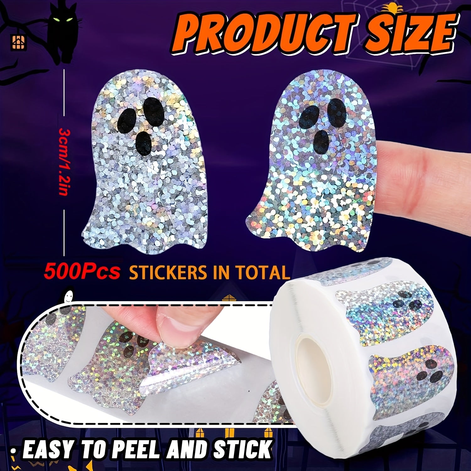 TEMU 500pcs Halloween Glitter Stickers - 1.2 Inch Waterproof Diy Decals For Party Favors, Gift Wrapping & Envelope Decorations, Festive Cartoon-style