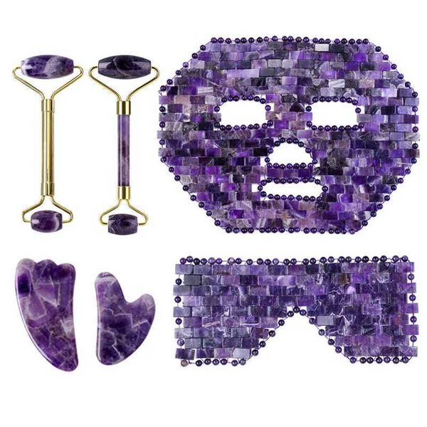Massage Stones Rocks Purple Crystal Jade Face Mask Gua Sha Scraper Massager Roller Set Natural Amethyst Gouache Stone Body Health Care Beaut