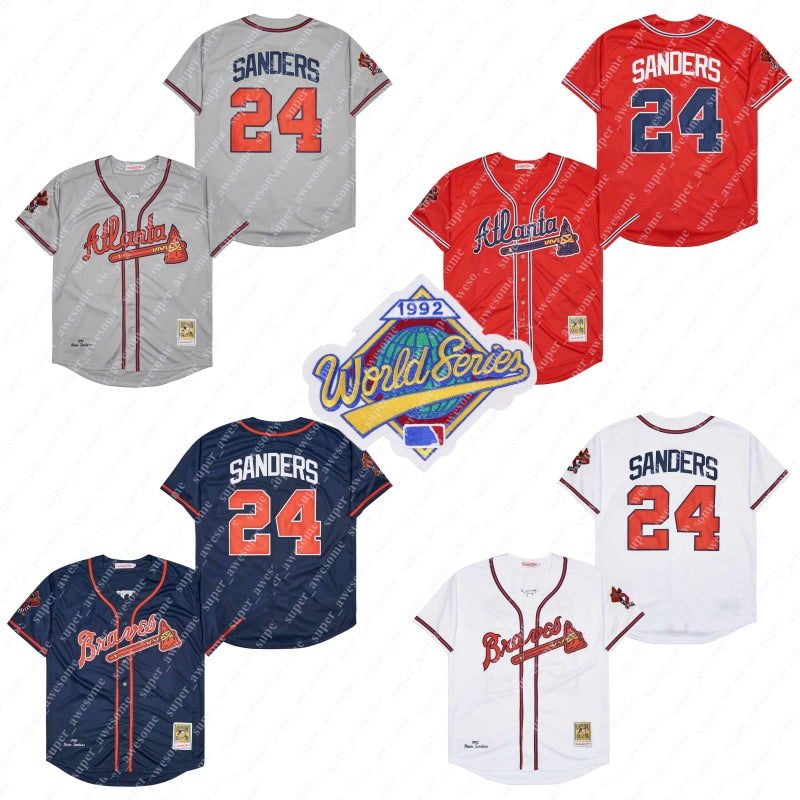 24 Deion Sanders Jersey 1992 WS Baseball Jerseys White Red Gray Navy Stitched