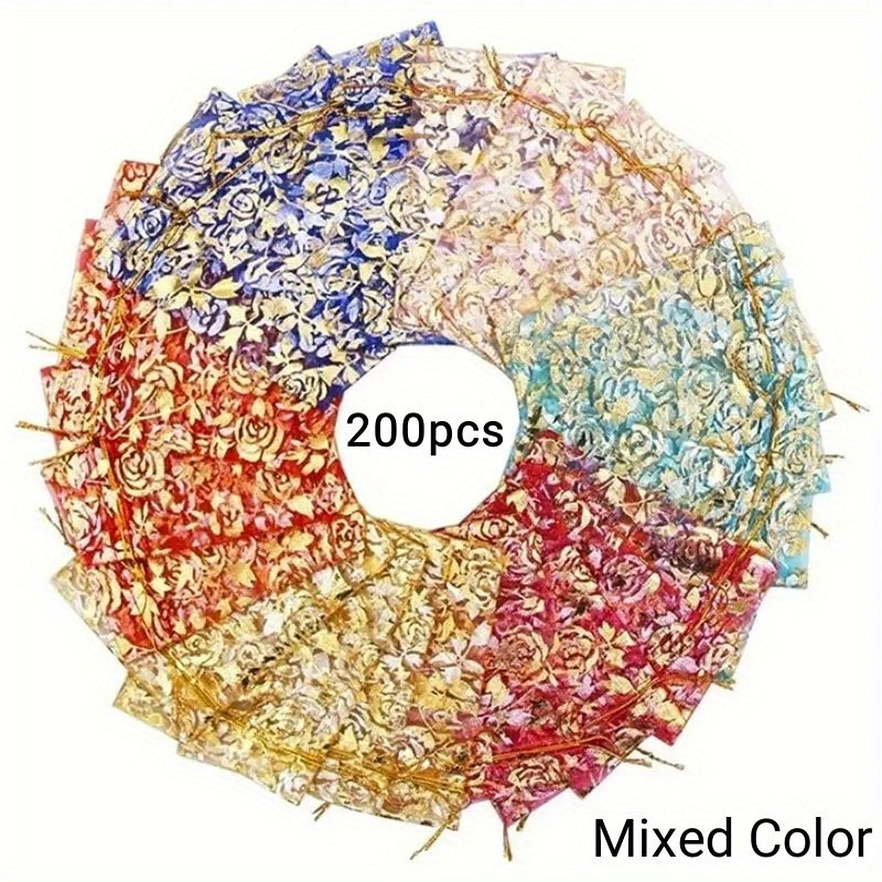 TEMU 200pcs 3.53x4.72 Inch Sheer Organza Bags, 10 Printed Mesh Gift Bags With Drawstring, Organza Jewelry Pouches, Candy Bags, Makeup Bags For