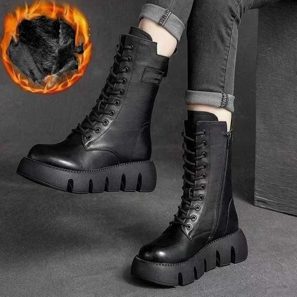 Winter Leather Wen Boots 2024 Short Plush Mid-heel Snow Boots Lace Up Warm Lady Platform Biker Ankle Boots for Wen Shoes Z241211