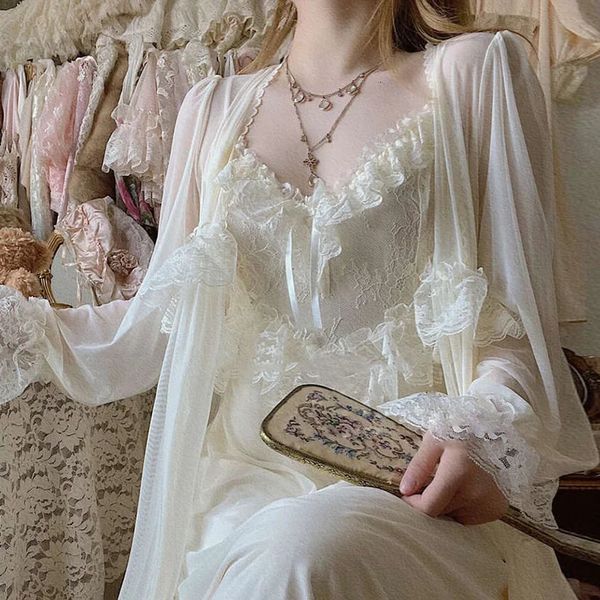 Vintage Female Court Style Thin Tulle Robe-Nightdress Ladies Princess Nightgowns Fairytale Pajamas Sleepwear Womens Clothing 241216