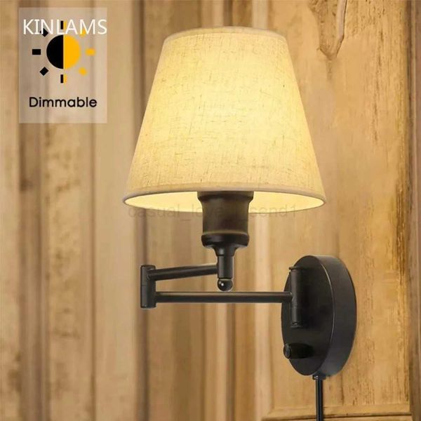 LED American Wall Lamp Folding Swing Arm US EU Plug Switch Fabric Bedroom Bedside Living Room Study Stairway Aisle Plug LightCL240722