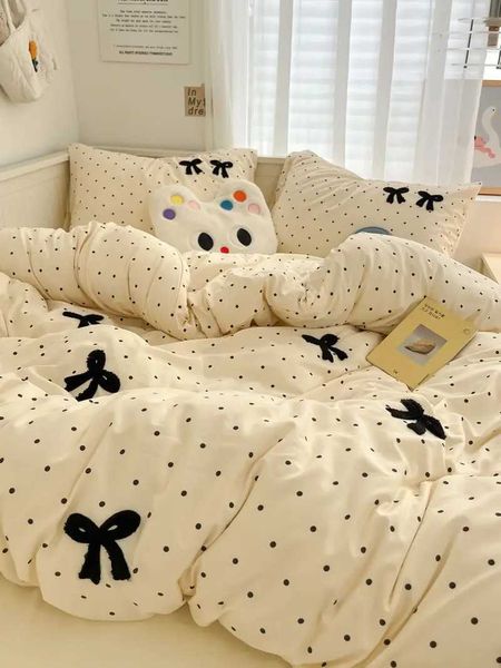 Ins Style Girl Blue 1.5m-1.8m Fitted Sheet Bow Towel Bedding Set Embroidery Washed Cotton Four-piece Set Bed Sheet Three-pieceXJ241015