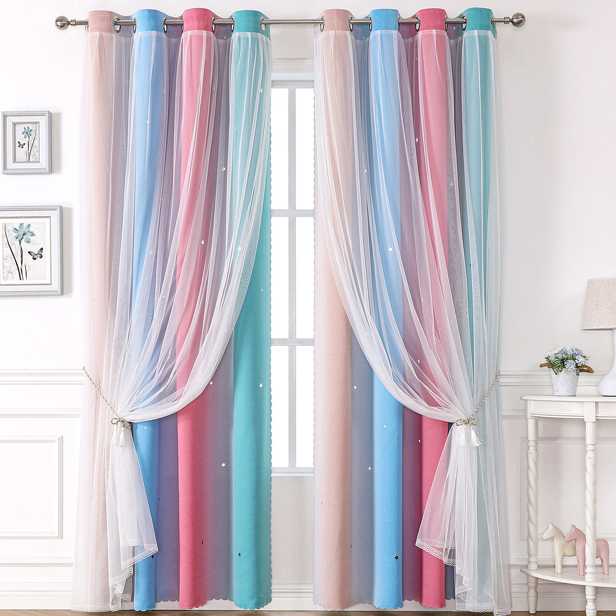 YL-36513 Morandi double curtain rainbow gradient stripe finished cloth yarn integrated blackout curtain