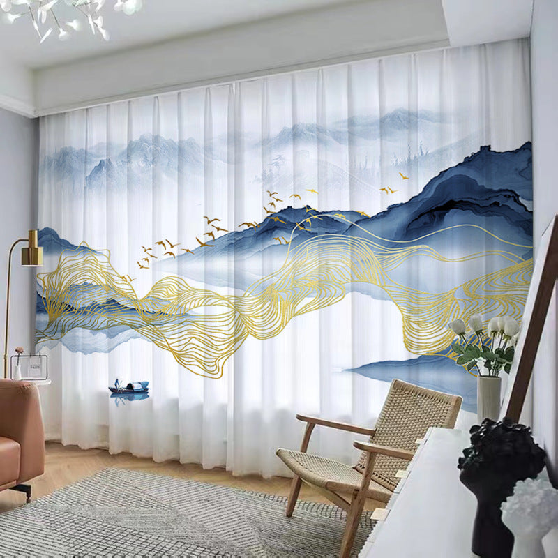 YL-37120 Chinese style ink landscape painting, new Chinese style curtains, new mesh curtains, classical and simple living room window curtain