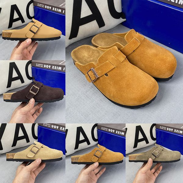 Designer Clog Slippers Women Men Flat Heels Beach Slides Real Leather Double Buckle Cork Sandals Outdoor Casual Shoes Brown Grey Coffee Size