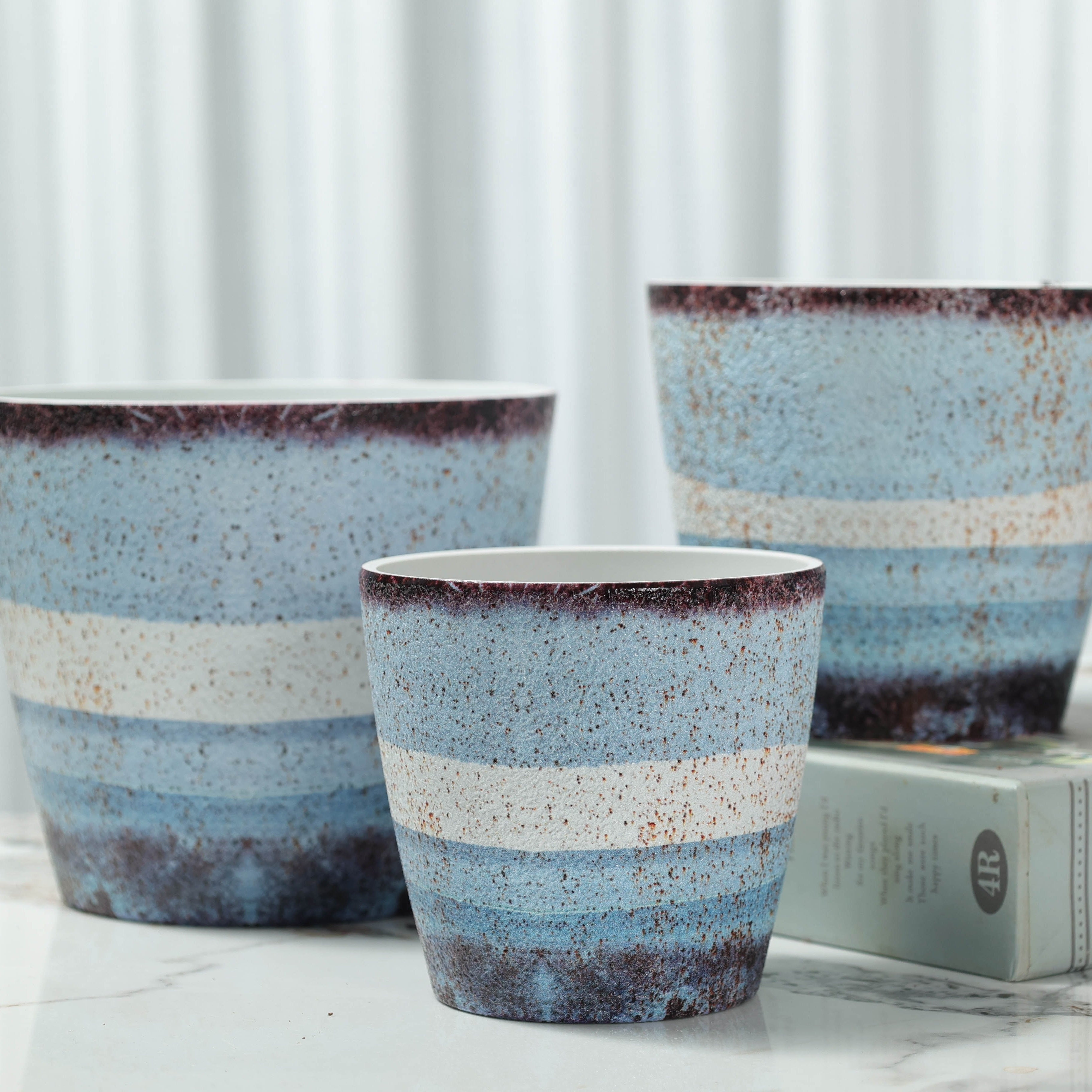 TEMU 3pcs Set Modern Round Planters - Lightweight Weather-resistant Indoor-outdoor Flower Pots With Polymer Finish, Options (black, White, Blue,