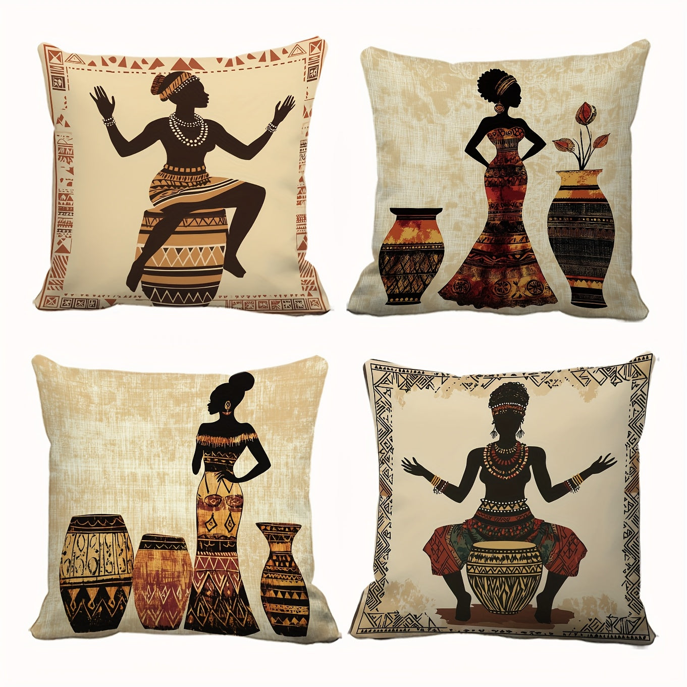 TEMU 4pcs Vibrant African Women Throw Pillow Covers - Traditional Attire & Designs, Soft Polyester, Zippered 18x18 Inches - Ideal For Home, Office,