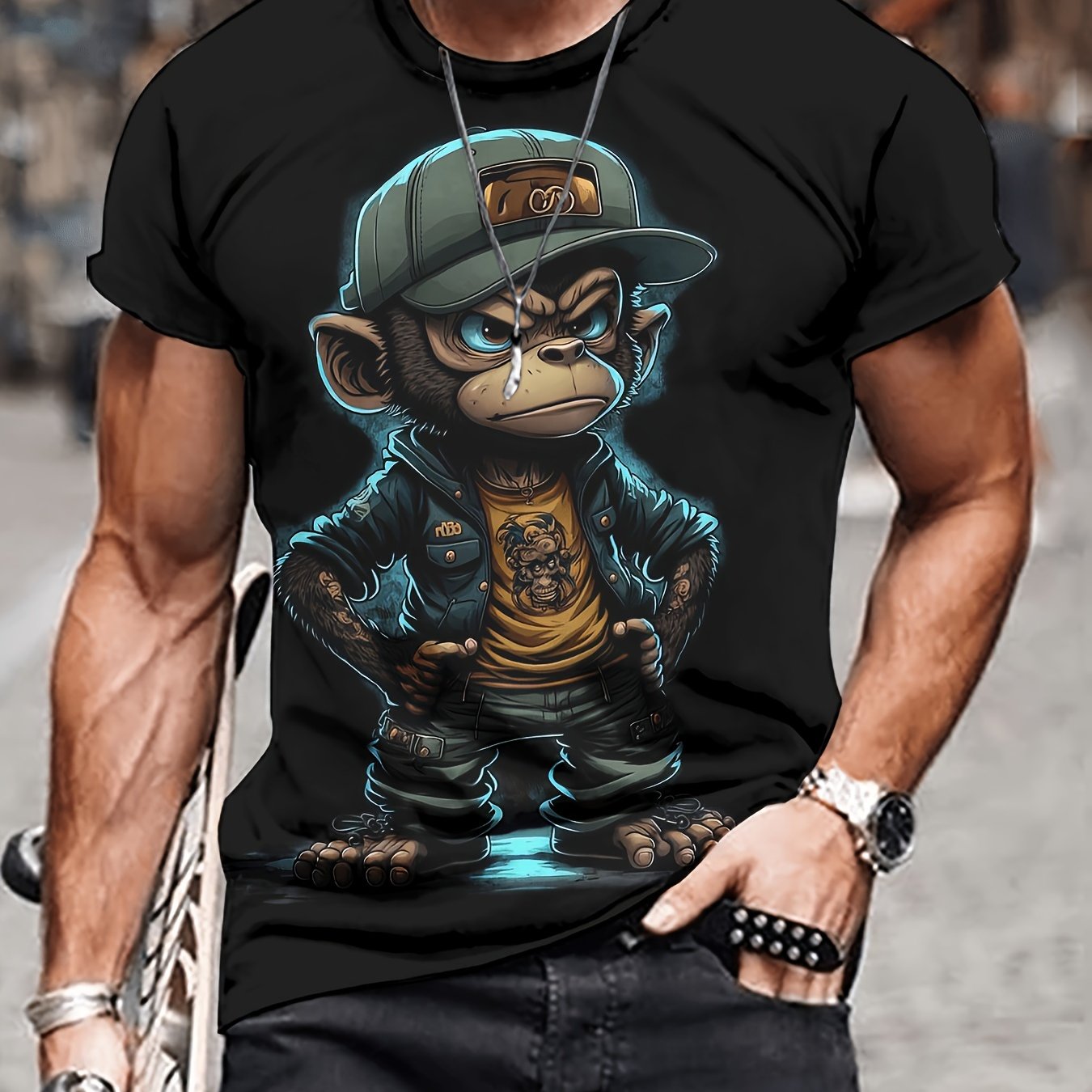 TEMU Men's Monkey Graphic Print T-shirt, Casual Short Sleeve Crew Neck Tee, Men's Clothing For Summer Outdoor