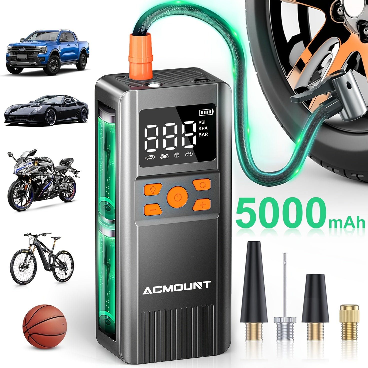 TEMU [tire Inflator Portable Air Compressor] 150 Psi Fast Inflation | Rechargeable 5000mah Large Capacity Battery | Digital Gauge | Led Light | | ,
