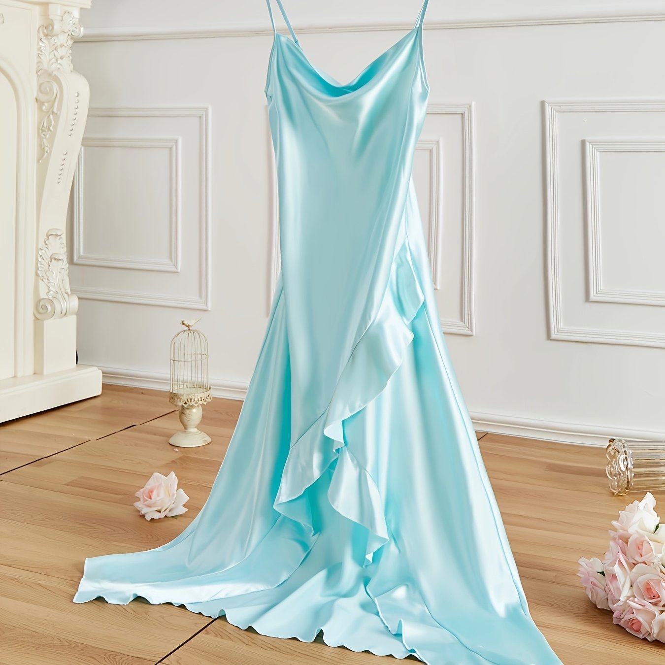 TEMU Gorgeous Elegant Solid Silky Sleepwear Dress, V Neck Backless Slip Split Dress, Comfortable Nightgown Sleepwear Dress