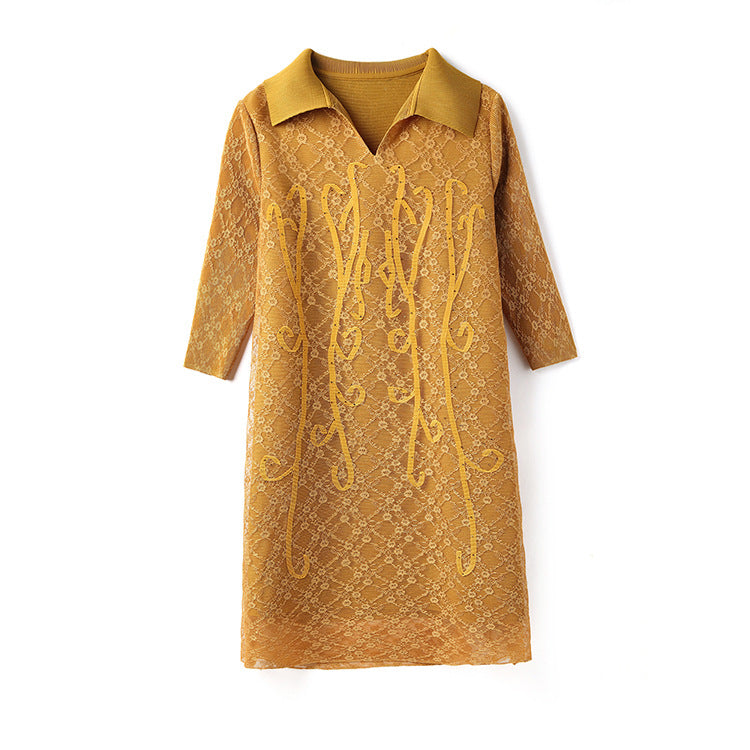 (469) Shirt-collar dress mid-skirt spring and summer Miyake mesh rhinestoned pleated dress for short mothers