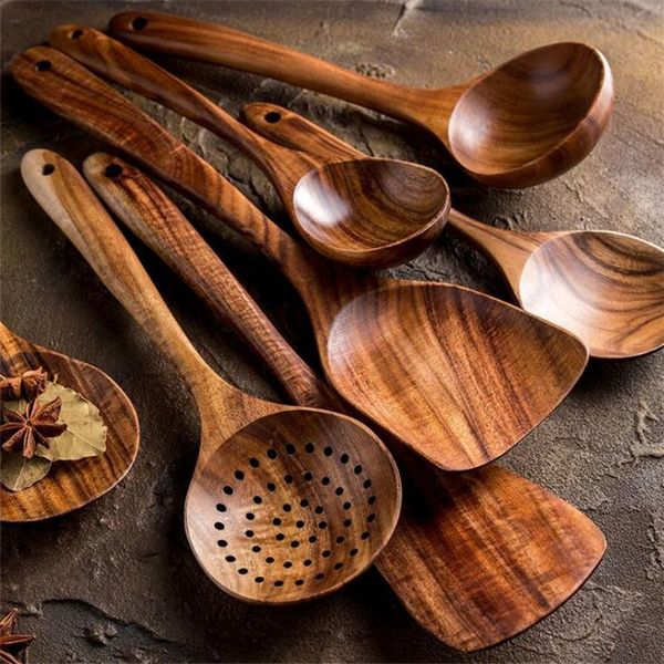 Cookware Parts 7Pcs Thailand Teak Cooking Spoon Natural Wooden Kitchen Tableware Tool Ladle Turner Rice Colander Soup Skimmer Scoop Utensils