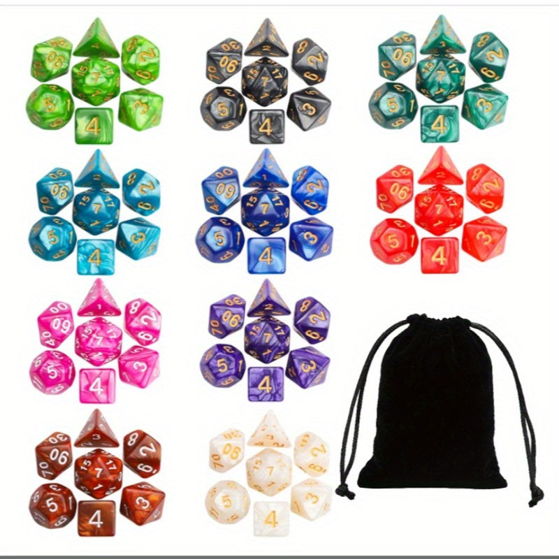 TEMU 70pcs, 10 Sets Of 7 Color Pearl Pattern Multi- Dice Set, Board Game Running Set, Per Set, Digital Dice Set, Game Dice Combination