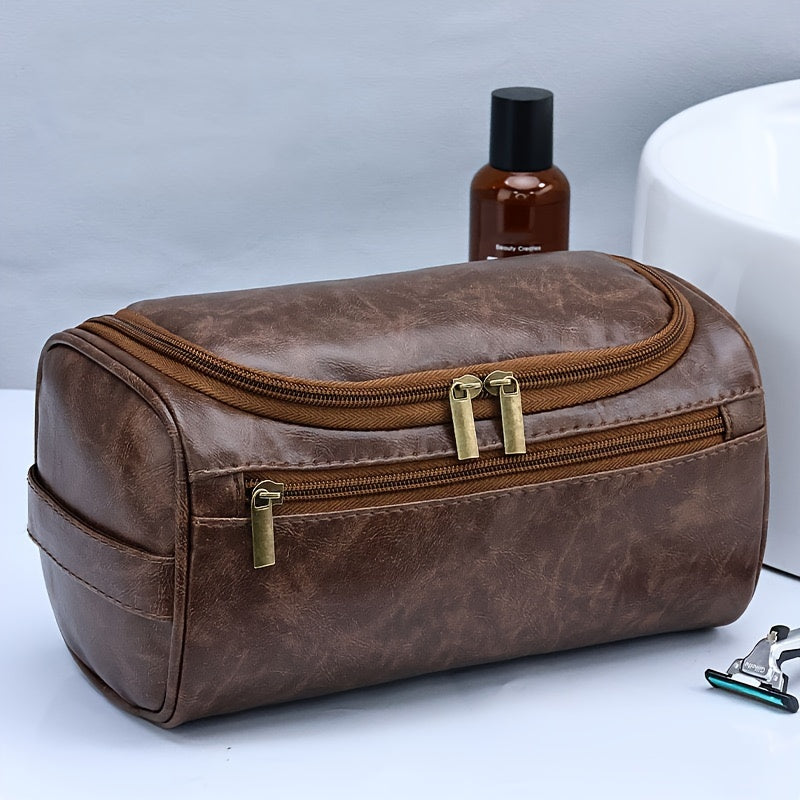 TEMU Large Travel Shaving And Grooming Organizer Bag For Men - Brown, Zippered Cosmetic Pouch With Multiple Compartments, Ideal For Bathroom And Use,