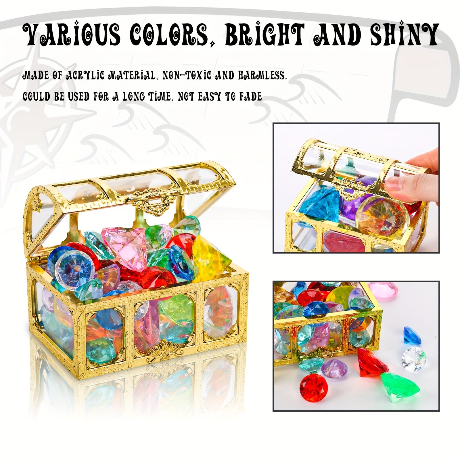 TEMU 50pcs Diving Synthetic Gemstone Pool Toy, Synthetic Gemstone With Treasure Pirate Chest Box Underwater Acrylic Synthetic Gemstonestones Set