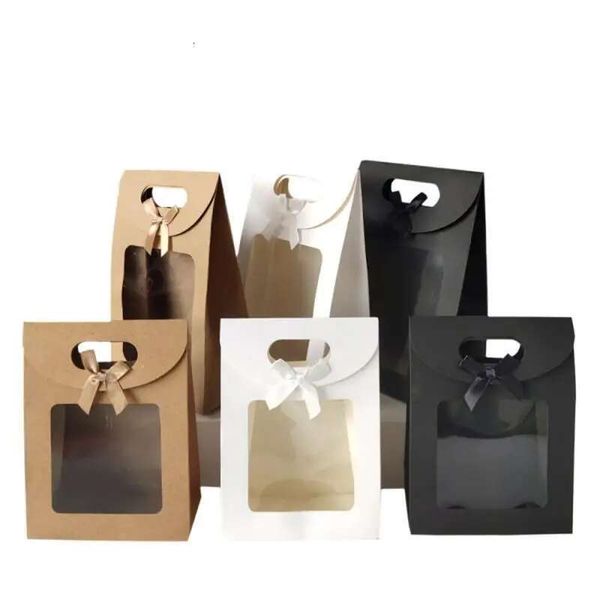 1Pcs Black-White Bags With Clear Window Kraft Paper Bag Handle Candy Biscuits Cake Packing Box Eid Mubarak Gift