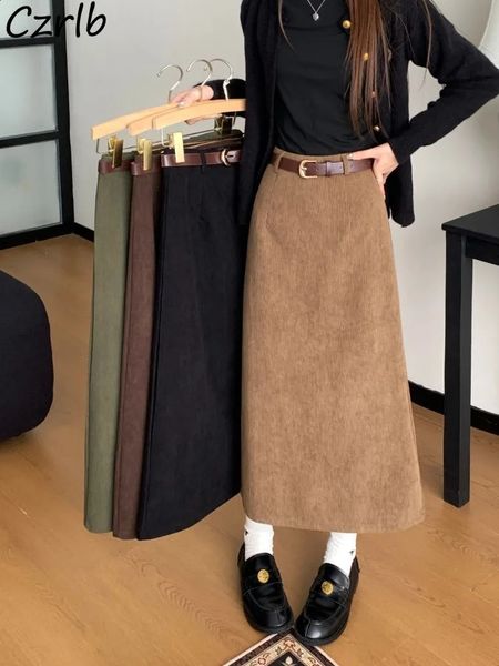 Chic Corduroy Back-slit Midi Skirts Women Fashion Vintage All-match Young Streetwear Preppy Style Autumn Ins 250117