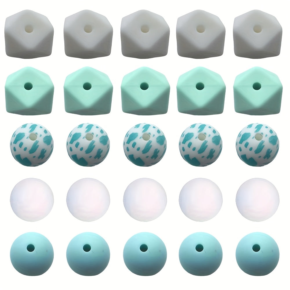 TEMU 25pcs 14mm Hexagon & 15mm Sphere Silicone Beads - Mixed Pastel Colors With & For Making, Bracelets, Necklaces, Keychains, Bag Charms - Non-toxic