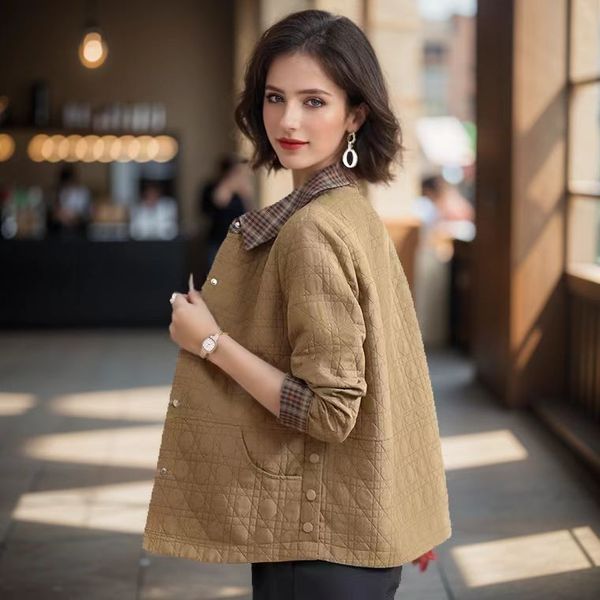 Soft plaid lightweight early autumn loose and slimming versatile exquisite cotton jacket with patchwork plaid polo collar top jacket xs24002