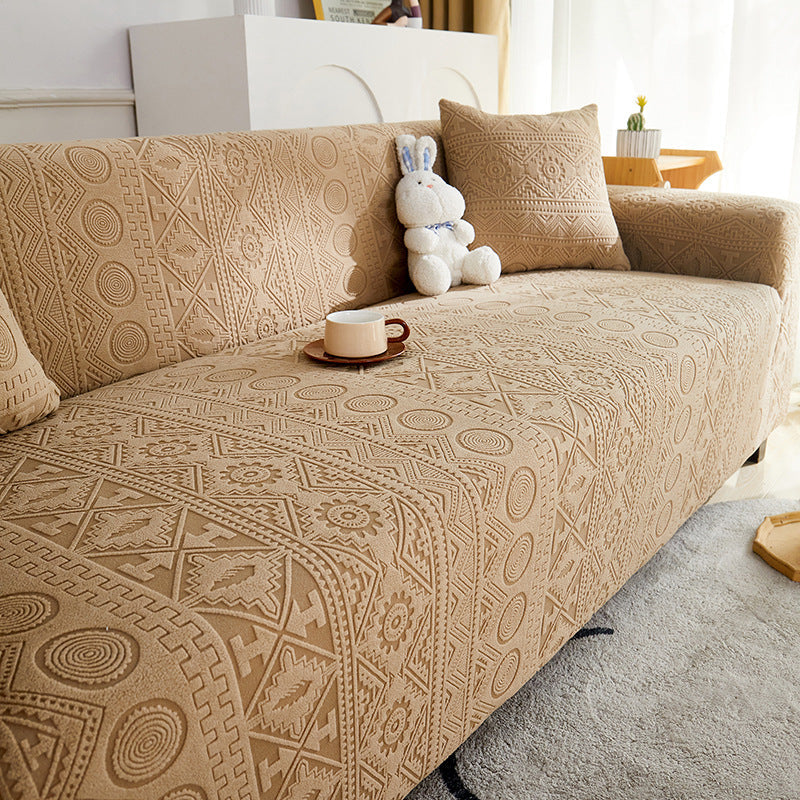 Bohemian Jacquard Stretch Full-Cover Anti-Slip Couch Cover With Pillowcase, Brown - 4-Seater
