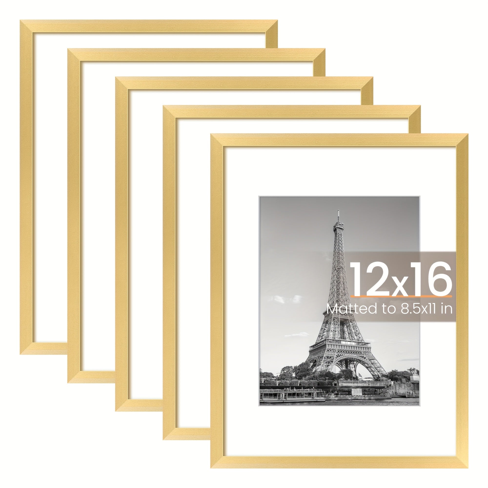 TEMU 12x16 Picture Frame Set Of 5, Display Pictures 8.5x11 With Mat Or 12x16 Without Mat, Wall Gallery Photo Frames, 8×12-12×16 Inch, Golden
