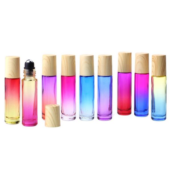 10ml Glass Roll on Bottles Essential Oil Perfume-Bottle Gradient Color Roller-Bottles with Wood Grain Cap Stainless Steel Balls Roll-on Bott