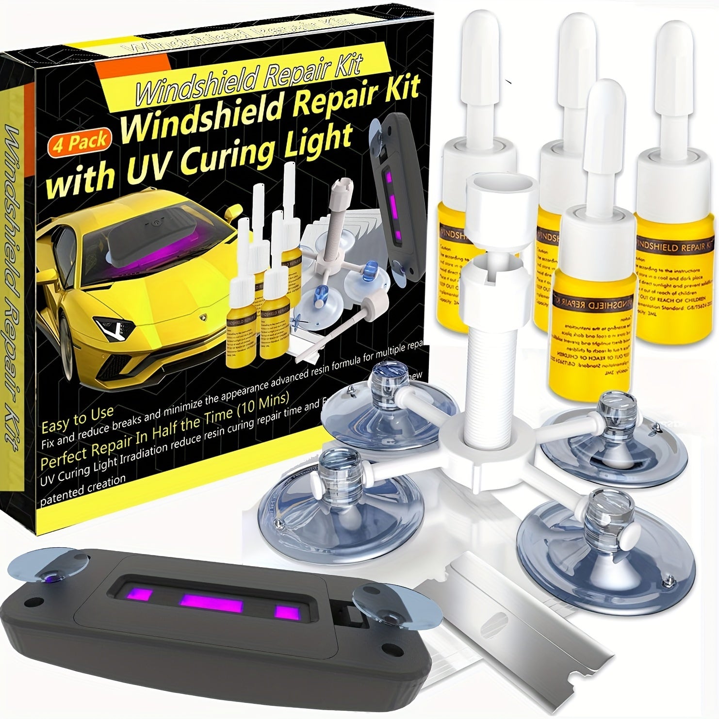 TEMU Windshield Repair Kit, 4pcs-2pcs Glass Repair Kit For Chips And , With Suction Cup Curing Light, Automotive Nano Fluid Vehicle Windscreen Tool