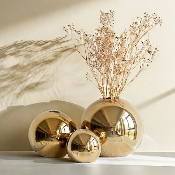 Minimalist Silver Plated Small Round Ceramic Vase Home Decoration Living Room Flower Vase Decoration Aesthetics 241125