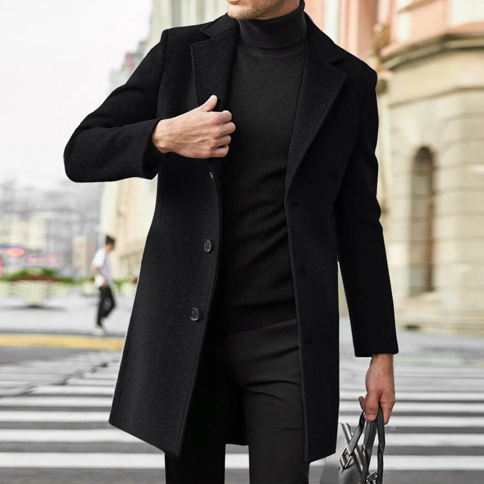 Men Wool Blend Long Coat Autumn Winter Solid Color Lapel Collar Woolen Coat Fashion Slim Windbreaker Jacket Men Clothing 240903
